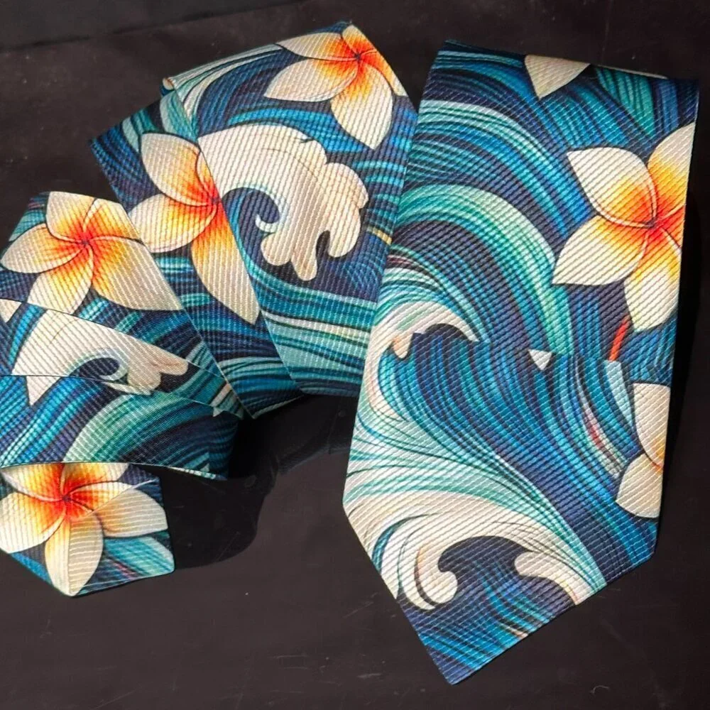 Hawaiian Floral Menswear Necktie Aloha Neckwear Resort Gift Tropical Blue Tie